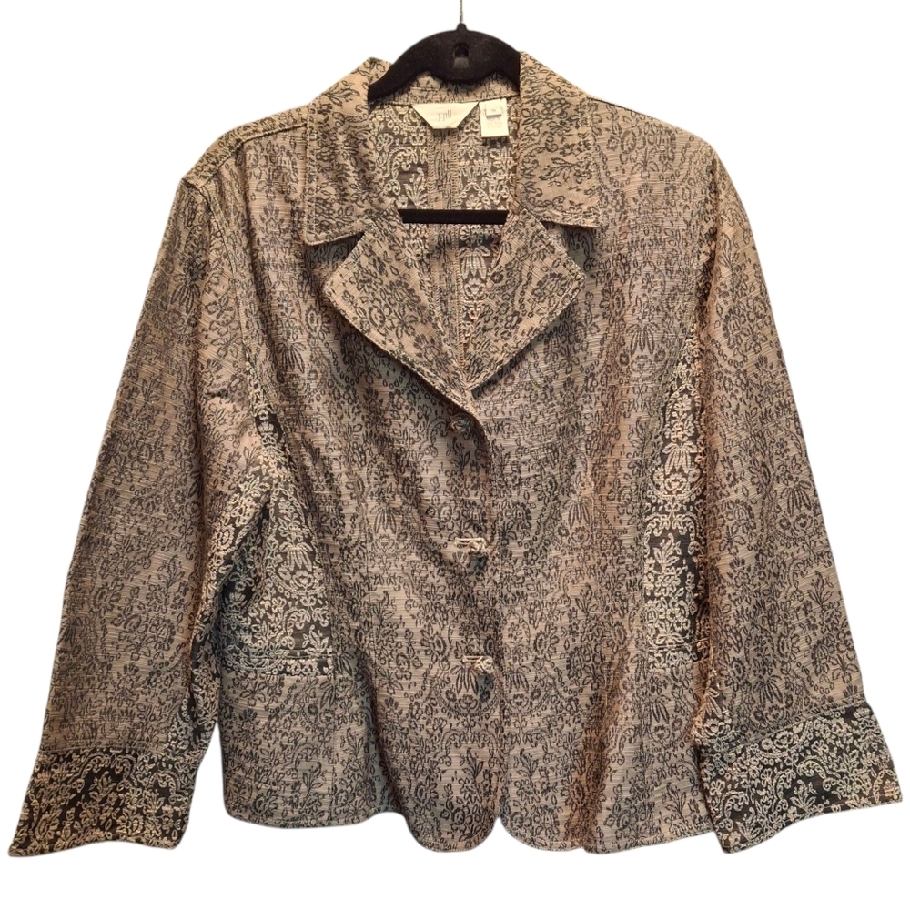 J.Jill Knotted Button Up Long Sleeve Brown Floral Brocade Blazer Women Size 16